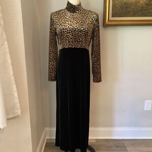 Vintage 80s 90s Leopard Velvet Maxi Dress Mock Neck Sz 12 Grunge Whimsigoth USA